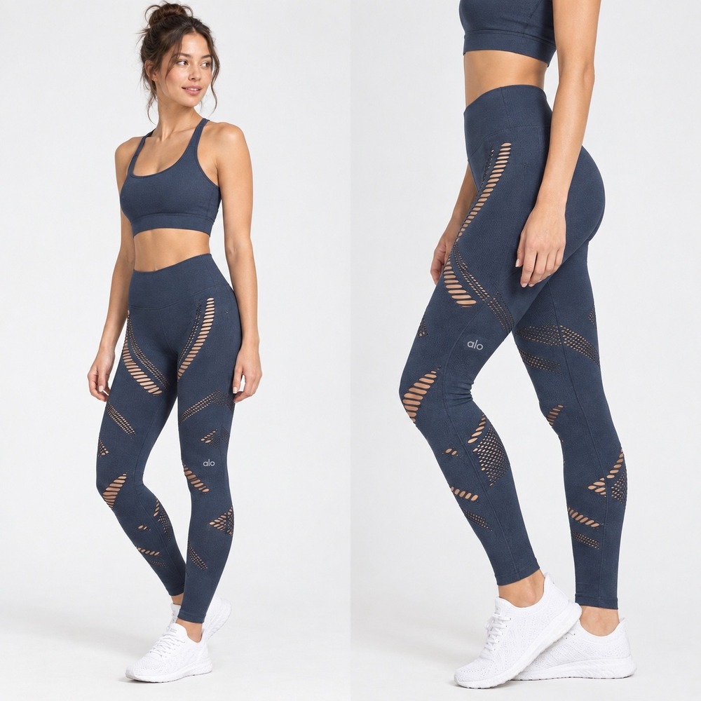 Alo Yoga Seamless Illusion High Waist Laser Cut Leggings Navy Blue Women's Small